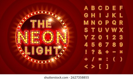 Neon Light Show Font Set – Retro Alphabet Letters, Numbers, and Symbols – Vector Illustration