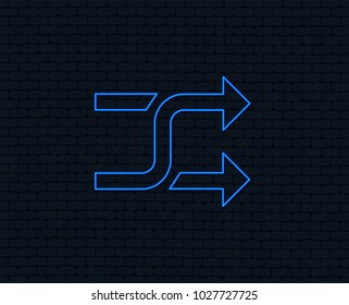 Neon light. Shuffle sign icon. Random symbol. Glowing graphic design. Brick wall. Vector