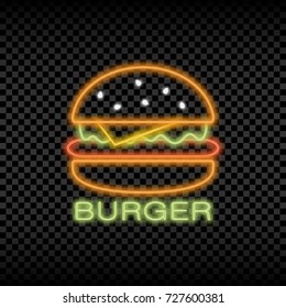 Neon light sign of burger cafe. Glowing and shining bright signboard of fast food logo. Vector illustration.