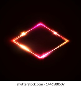 Neon light sign. Glowing laser rhomb on dark red background. Retro light lozenge signboard with neon effect. Techno logo. Brill frame. Electric street diamond. Color vector illustration in 80s style.