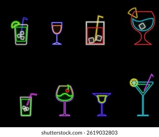 Neon light sign set. drinks icons. various models. cocktails.