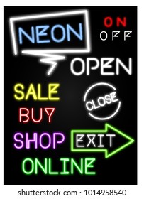 neon light sign and symbols, icon set - vector illustration