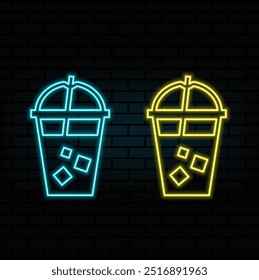 Neon light sign with title “Drinks” and glasses with straws in retro style.