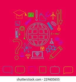 Neon light silhouette set of thin line scientific icons. Vector illustration.