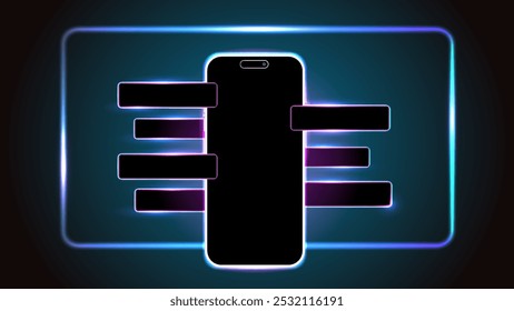 Neon Light Smartphone SMS Template: Mobile with Glowing Feature Bubble for Text and Vibrant Conversation Banner. Vector.