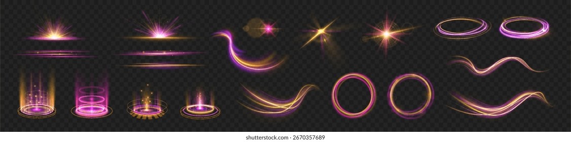 Neon light spark moves with projection and rotation across backdrop with shiny explosion, twirl, and illuminated vector illustration