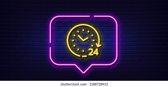 Neon light speech bubble. 24 hours time line icon. Clock sign. Watch symbol. Neon light background. 24 hours glow line. Brick wall banner. Vector