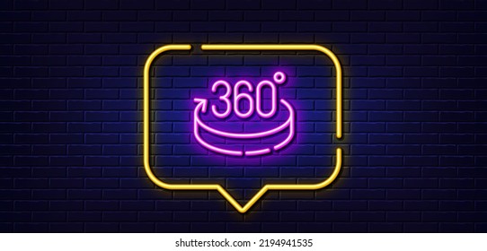 Burbuja de habla de luz neón. Icono de línea de 360 grados. Signo de simulación VR. Símbolo panorámico. Fondo neón de luz. Línea de 360 grados de brillo. Banner de pared de ladrillo. Vector