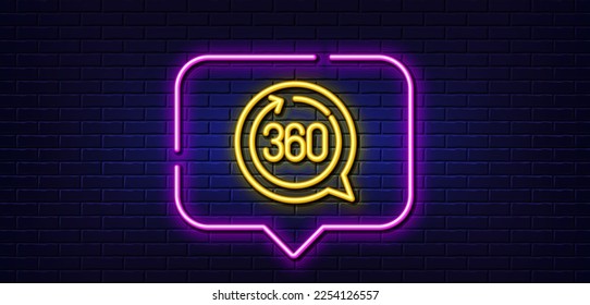 Neon light speech bubble. 360 degrees line icon. VR simulation sign. Panoramic view symbol. Neon light background. 360 degrees glow line. Brick wall banner. Vector