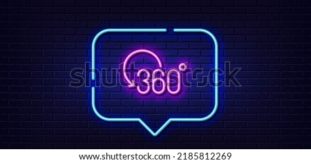 Neon light speech bubble. 360 degree line icon. Full rotation sign. VR technology simulation symbol. Neon light background. Full rotation glow line. Brick wall banner. Vector