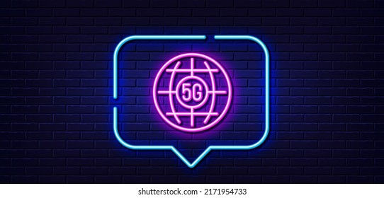 Neon light speech bubble. 5g internet line icon. Wifi wireless network sign. Mobile data transmission symbol. Neon light background. 5g internet glow line. Brick wall banner. Vector