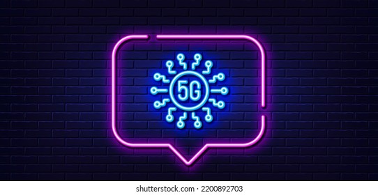 Neon Light-Sprechblase. 5g-Symbol für die Technologielinie. WLAN-Netzwerk-Schild. Symbol für mobile Datenübertragung. Neoner heller Hintergrund. 5g-Technologie-Glühlinie. Brick-Wand-Banner. Vektorgrafik