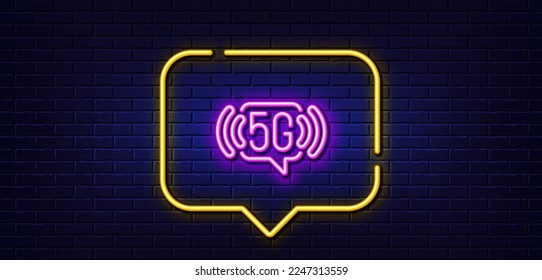 Neon light speech bubble. 5g wi-fi technology line icon. Wifi wireless network sign. Mobile internet symbol. Neon light background. 5g wifi glow line. Brick wall banner. Vector