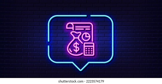 Burbuja de habla de luz neón. Icono de línea de contabilidad. Signo de gestión financiera. Símbolo de economía empresarial. Fondo neón de luz. Línea de resplandor contable. Banner de pared de ladrillo. Vector