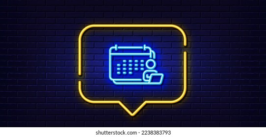 Neon light speech bubble. Accounting calendar line icon. Annual report sign. Event planner symbol. Neon light background. Accounting glow line. Brick wall banner. Vector