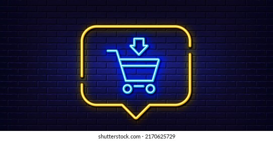 Burbuja de habla de luz neón. Añadir al icono de la línea del carrito de compras. Cartel de compra en línea. Símbolo de la canasta del supermercado. Fondo neón de luz. Línea de resplandor del mercado en línea. Banner de pared de ladrillo. Vector