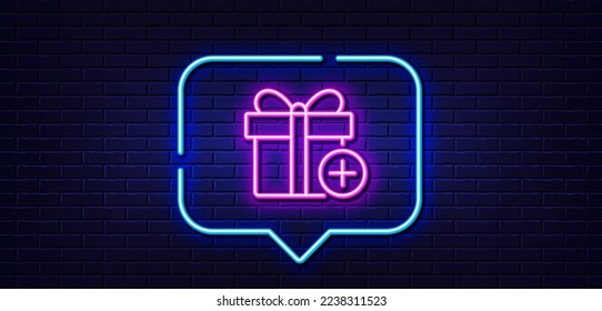 Burbuja de habla de luz neón. Icono de la línea de la caja de regalo. Señal de venta o presente. Símbolo de compras de cumpleaños. Paquete en el ajuste de regalo. Fondo neón de luz. Añadir una línea de brillo de regalo. Banner de pared de ladrillo. Vector
