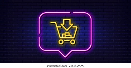 Neon light speech bubble. Add to Shopping cart line icon. Online buying sign. Supermarket basket symbol. Neon light background. Shopping glow line. Brick wall banner. Vector