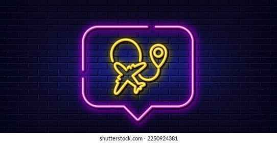 Burbuja de habla de luz neón. Icono de línea de avión. Señal de transporte aéreo. Símbolo de avión. Fondo neón de luz. Línea de resplandor del avión. Banner de pared de ladrillo. Vector