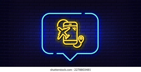 Neon light speech bubble. Airplane travel line icon. Trip flight destination sign. Holidays symbol. Neon light background. Flight destination glow line. Brick wall banner. Vector