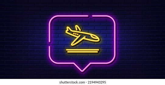 Neon light speech bubble. Airport arrivals plane line icon. Airplane landing sign. Flight symbol. Neon light background. Arrivals plane glow line. Brick wall banner. Vector