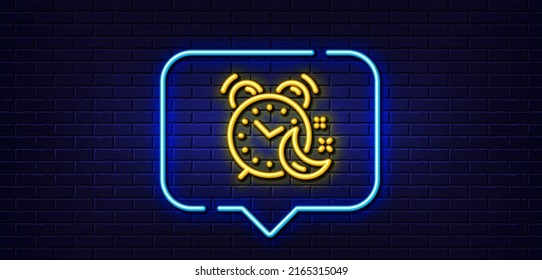Burbuja de habla de luz neón. Icono de la línea de reloj de alarma. Signo de noche de sueño. Símbolo de reloj de la cama. Fondo neón de luz. Línea de brillo de alarma. Banner de pared de ladrillo. Vector