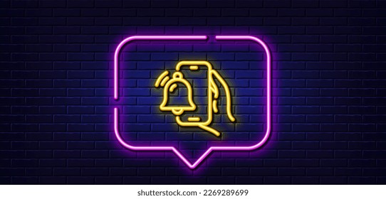 Burbuja de habla de luz neón. Icono de la línea de la aplicación del reloj de alarma. Señal de timbre de recordatorio. Símbolo de notificación telefónica. Fondo neón de luz. Línea de brillo del reloj de alarma. Banner de pared de ladrillo. Vector