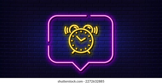 Neon light speech bubble. Alarm clock line icon. Time sign. Watch symbol. Neon light background. Alarm clock glow line. Brick wall banner. Vector