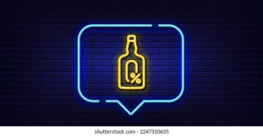 Neon light speech bubble. Alcohol free line icon. Whiskey bottle sign. Bar drink symbol. Neon light background. Alcohol free glow line. Brick wall banner. Vector