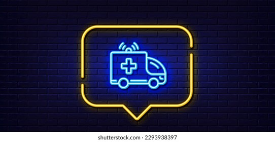 Neon Light-Sprechblase. Symbol für die Linie des Krankenwagen. Medizinisches Nottransportzeichen. Neoner heller Hintergrund. Glühlinie für Krankenwagen. Brick-Wand-Banner. Vektorgrafik