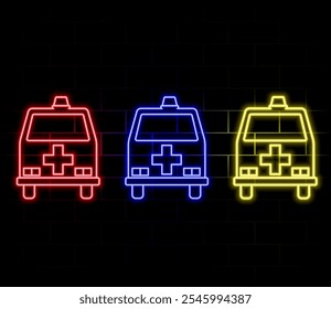Bolha de fala leve de néon. Ícone da linha do carro de ambulância. Sinal de transporte de emergência médica. Fundo de luz de néon. Linha de brilho do carro de ambulância. Banner de parede de tijolos. Vetor.