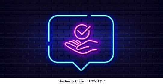 Neon light speech bubble. Approved line icon. Accepted or confirmed sign. Verified symbol. Neon light background. Approved glow line. Brick wall banner. Vector