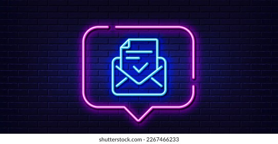 Neon light speech bubble. Approved mail line icon. Accepted or confirmed sign. Document symbol. Neon light background. Approved mail glow line. Brick wall banner. Vector