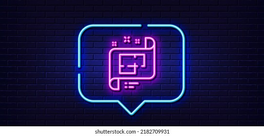 Neon light speech bubble. Architectural plan line icon. Technical project sign. Neon light background. Architectural plan glow line. Brick wall banner. Vector