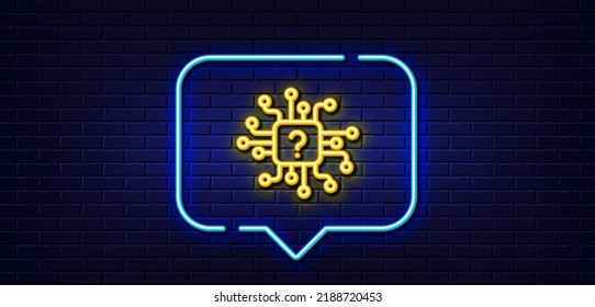 Neon light speech bubble. Artificial intelligence line icon. Support network sign. Question mark symbol. Neon light background. Artificial intelligence glow line. Brick wall banner. Vector