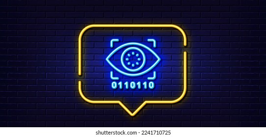 Neon light speech bubble. Artificial intelligence line icon. Retinal access sign. Privacy secure symbol. Neon light background. Artificial intelligence glow line. Brick wall banner. Vector