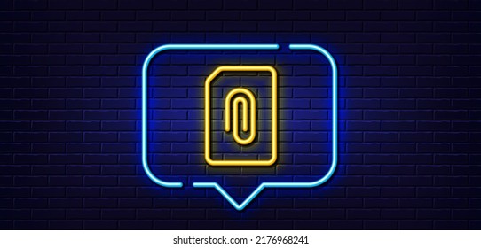 Neon light speech bubble. Attach Document line icon. Information File sign. Paper page concept symbol. Upload data. Neon light background. Attachment glow line. Brick wall banner. Vector