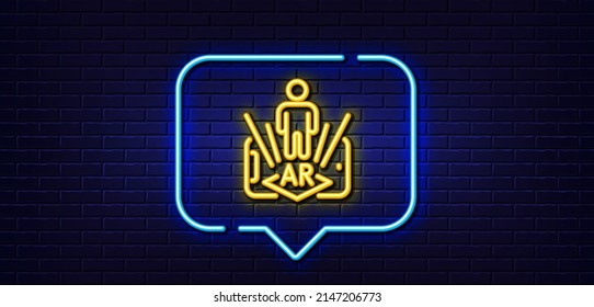 Neon light speech bubble. Augmented reality phone line icon. VR simulation sign. 3d person symbol. Neon light background. Augmented reality glow line. Brick wall banner. Vector