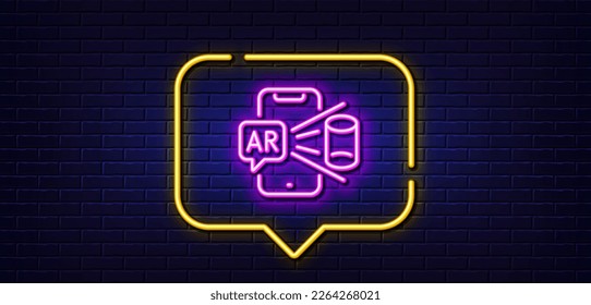Neon light speech bubble. Augmented reality phone line icon. VR simulation sign. 3d view symbol. Neon light background. Augmented reality glow line. Brick wall banner. Vector