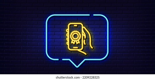 Neon Light Speech Bubble. Award App Line Icon. Hand Hold Phone Sign. Cellphone With Screen Notification Symbol. Neon Light Background. Award App Glow Line. Brick Wall Banner. Vector