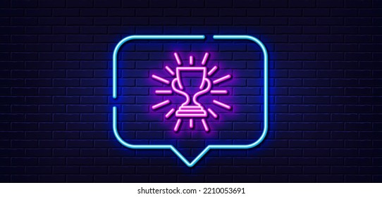 Neon Light Speech Bubble. Award Cup Line Icon. Winner Trophy Symbol. Sports Achievement Sign. Neon Light Background. Trophy Glow Line. Brick Wall Banner. Vector