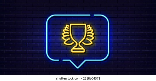 Neon Light Speech Bubble. Award Cup Line Icon. Winner Trophy With Laurel Wreath Symbol. Sports Achievement Sign. Neon Light Background. Winner Glow Line. Brick Wall Banner. Vector