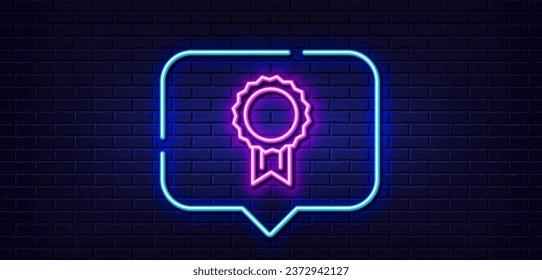 Neon light speech bubble. Award Medal line icon. Winner achievement symbol. Glory or Honor sign. Neon light background. Reward glow line. Brick wall banner. Vector