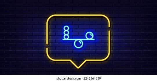 Neon light speech bubble. Balance line icon. Mind stability sign. Concentration symbol. Neon light background. Balance glow line. Brick wall banner. Vector