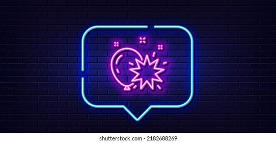 Neon light speech bubble. Balloon dart line icon. Amusement park sign. Pop the balloon symbol. Neon light background. Balloon dart glow line. Brick wall banner. Vector