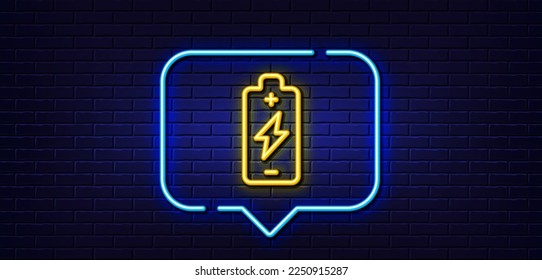 Neon light speech bubble. Battery charging line icon. Electricity energy type sign. Lightning bolt symbol. Neon light background. Battery charging glow line. Brick wall banner. Vector