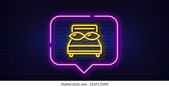 Neon light speech bubble. Bed pillows line icon. Night sleep rest sign. Comfort bedtime symbol. Neon light background. Pillows glow line. Brick wall banner. Vector