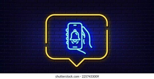 Neon light speech bubble. Bell alert line icon. Hand hold phone sign. Cellphone with screen notification symbol. Neon light background. Bell alert glow line. Brick wall banner. Vector