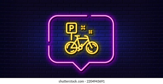 Neon light speech bubble. Bike line icon. Bicycle parking sign. Urban traffic symbol. Neon light background. Bike glow line. Brick wall banner. Vector