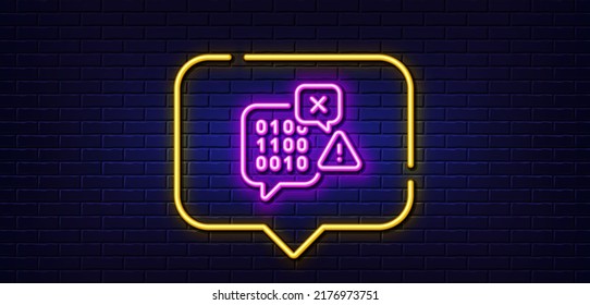 Neon light speech bubble. Binary code line icon. Ransomware threat sign. Cyber attack symbol. Neon light background. Binary code glow line. Brick wall banner. Vector